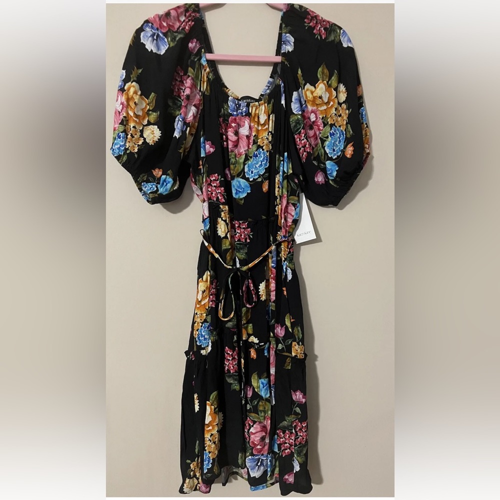 Karen Kane Dress Short Sz L Bright and Beachy Romantic Floral Tiered Made in USA